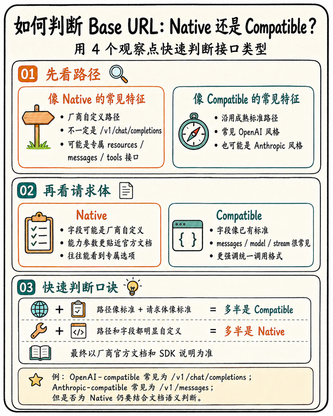 Base URL 判断：域名看 Provider，路径看 Protocol，Adapter 看接入方式。