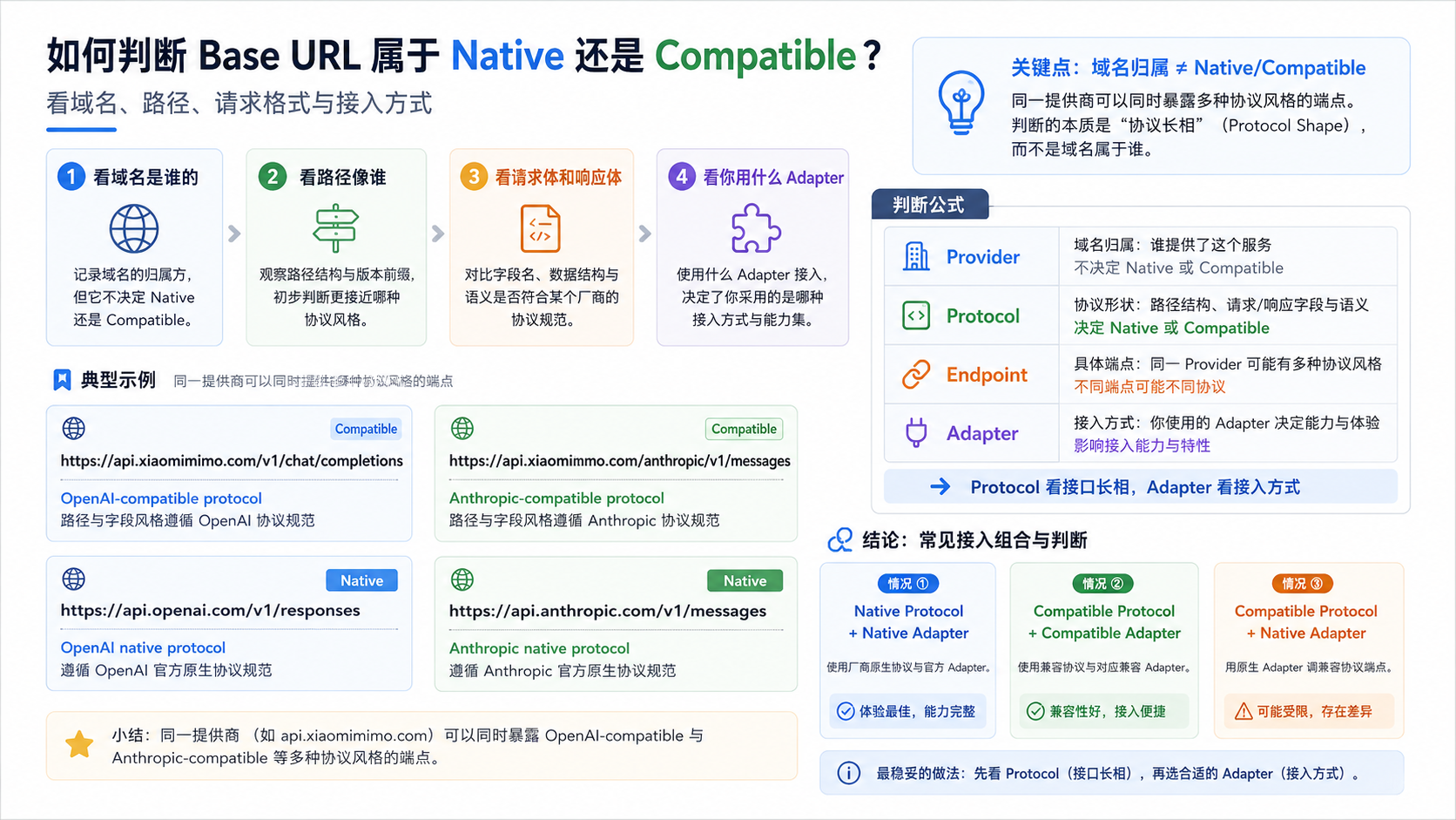 Base URL 判断图：域名判断 Provider，路径和请求体判断 Protocol，SDK/CLI import 判断 Adapter。