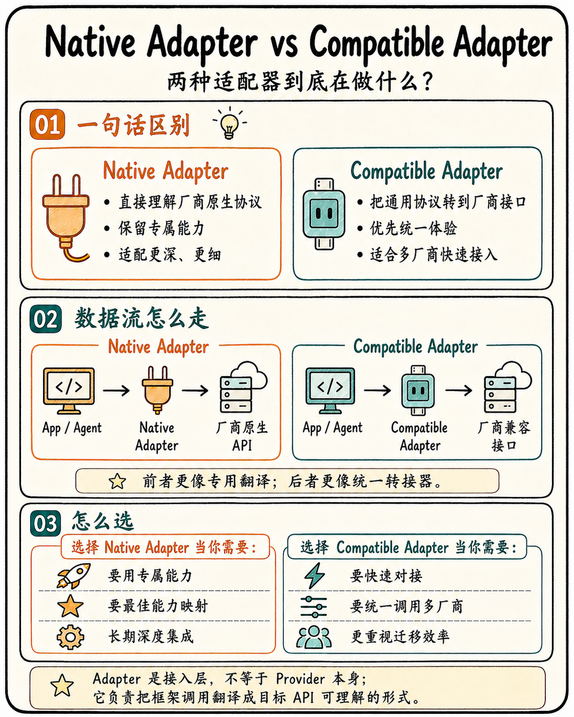Native Adapter vs Compatible Adapter：前者深度适配，后者统一转接。
