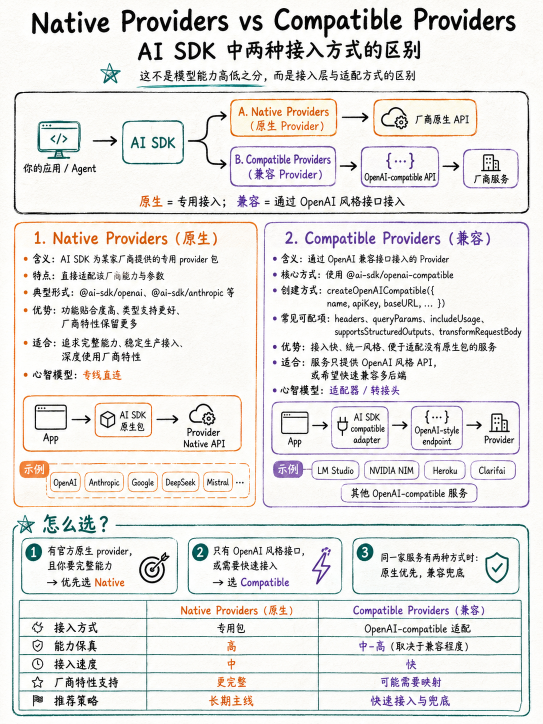 AI SDK 视角：Native Providers 是专属包；Compatible Providers 通过 createOpenAICompatible 这类通用适配器接入。