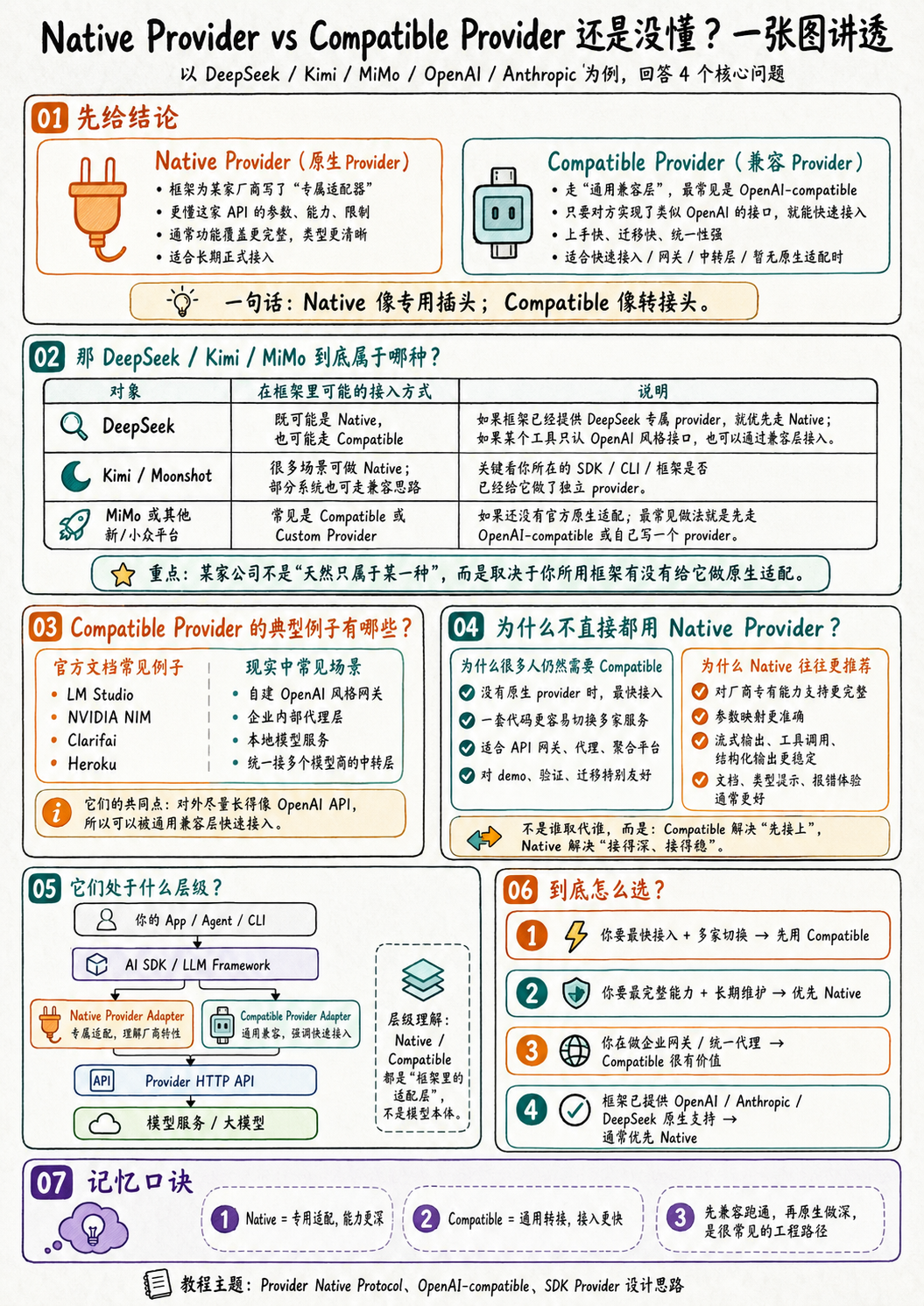 Native Provider vs Compatible Provider 图文解释：同一厂商可能同时有专属接法和兼容接法。