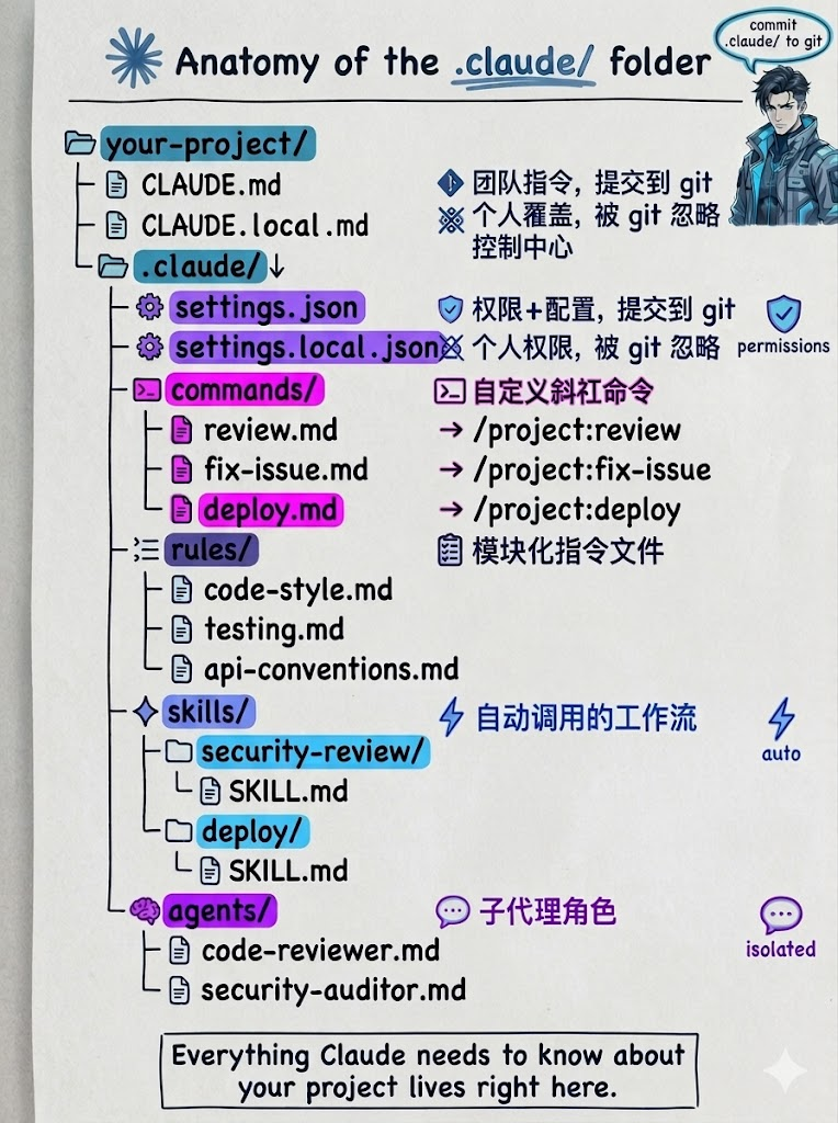 your-project 根目录下 CLAUDE.md、CLAUDE.local.md 与 .claude 子目录 commands、rules、skills、agents、settings 等结构示意图